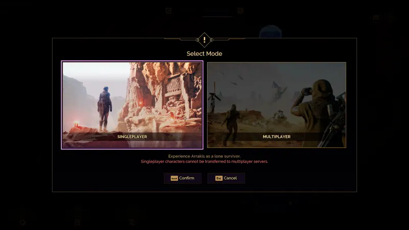 Dune: Awakening sur Xbox, capture associée à la sélection du mode solo