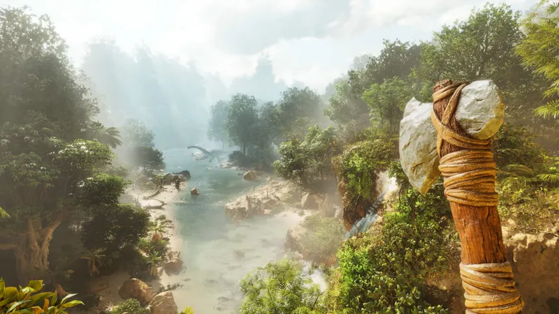 Paysage insulaire d’ARK : Survival Ascended avec végétation et reliefs, utilisé pour vérifier que tous les joueurs rejoignent le même monde