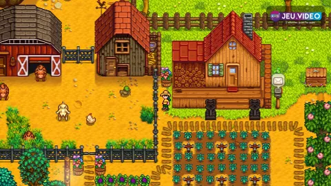 Visuel officiel de Stardew Valley montrant la ferme et les zones que le joueur traverse pour offrir des cadeaux et parler aux habitants.