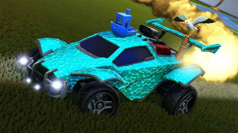 Rocket League car accelerating toward the ball in a lit arena.