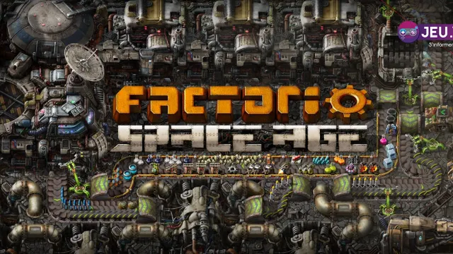 Bannière officielle de Factorio Space Age montrant une usine avancée et les objets de progression après la fusée