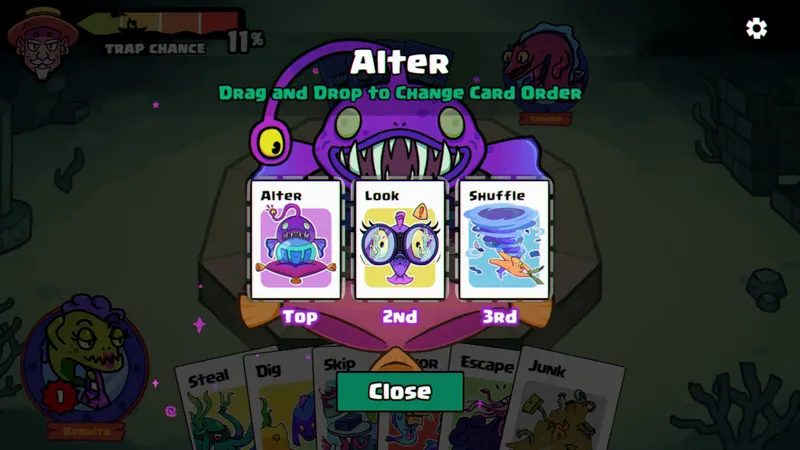Ilustración oficial de Fishbait con personajes y cartas de supervivencia