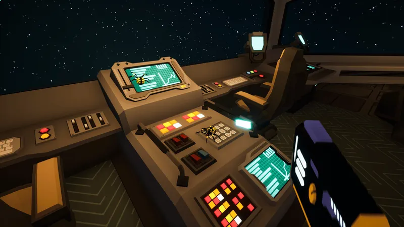 Salle de contrôle spatiale de Kill It With Fire 2 avec interfaces lumineuses et araignée sur une console