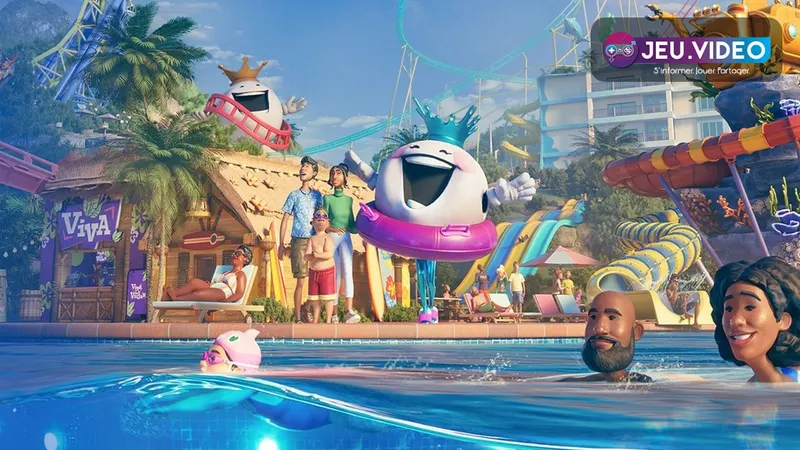 Planet Coaster 2 mise à jour montrant un parc coloré avec montagnes russes et logo officiel