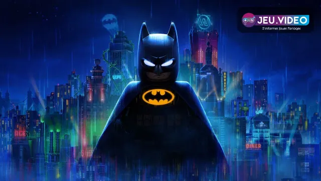 Batman LEGO devant Gotham City dans LEGO Batman : Legacy of the Dark Knight
