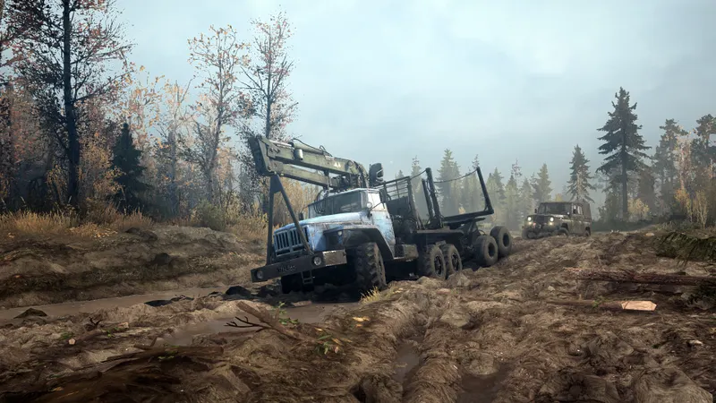 Deux camions de MudRunner avançant ensemble sur un chemin étroit, montrant la coopération entre véhicules dans une partie multijoueur