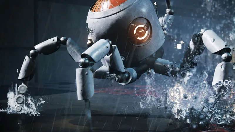 Robot bondissant sous la pluie dans Blood On Crystal avant une esquive