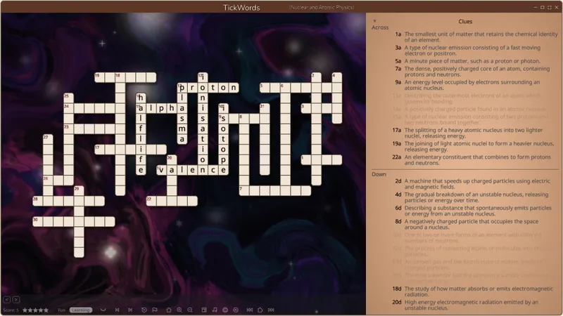 TickWords: pantalla de resolución y pistas de crucigramas