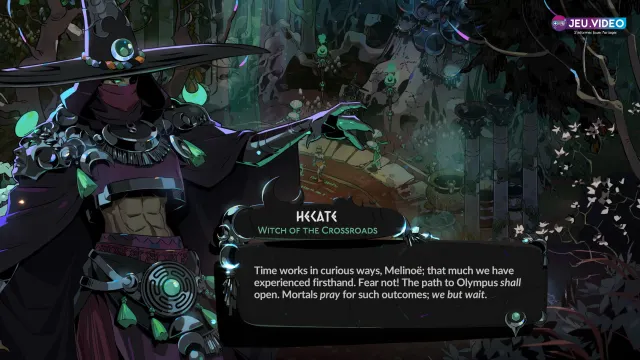 Illustration officielle de Hades II montrant Melinoe entourée d'effets lunaires, utilisée comme couverture pour un guide sur les meilleures armes et builds