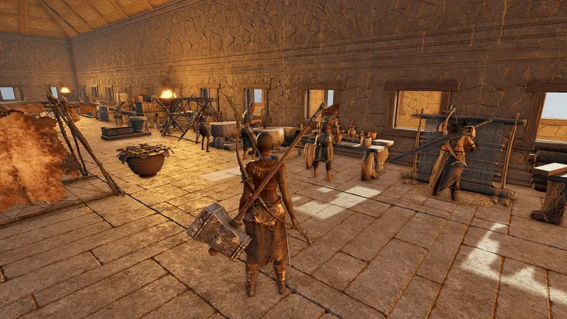 Atelier intérieur de Soulmask avec plusieurs postes de fabrication pour organiser la production automatisée