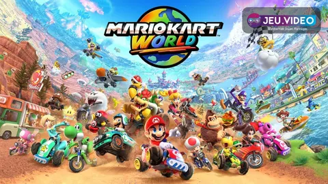 Visuel officiel Mario Kart World montrant une course de karts sur route, adapté aux conseils de trajectoire et de dérapage