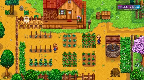 Ferme de Stardew Valley au printemps avec parcelles de cultures, maison et puits pour planifier les plantations de début de partie
