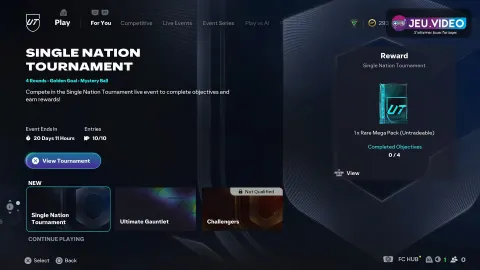 Menu Jouer de FC 26 Ultimate Team montrant les activités recommandées, les événements à venir et les récompenses disponibles.