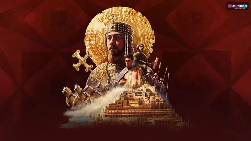 Art officiel de Crusader Kings III Roads to Power montrant l’empereur byzantin, un aventurier et Constantinople