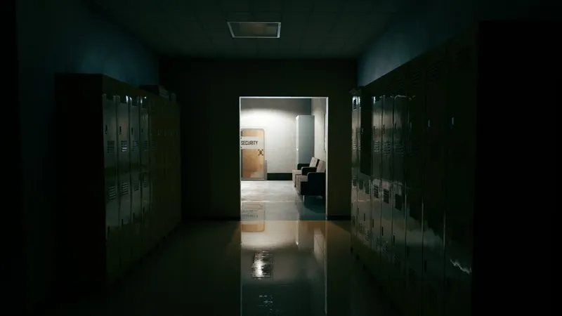 The Tower - Un vestiaire dans la pénombre, au loin une salle éclairée.