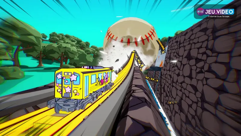 Capture officielle de Denshattack! montrant une course sur rails dans un décor urbain