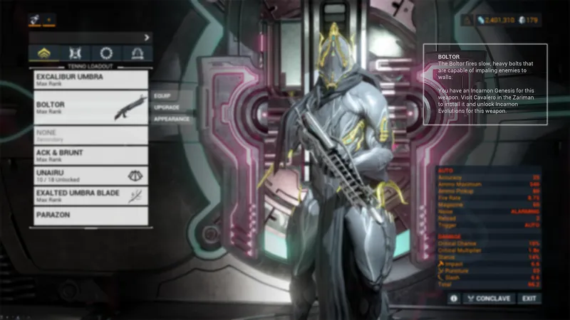Arsenal de Warframe montrant un Boltor compatible avec un Incarnon Genesis à installer chez Cavalero