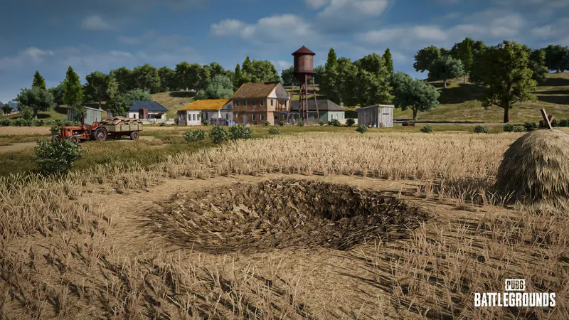 Terrain destructible sur Erangel montrant un cratère utilisable comme couvert avant une rotation en champ ouvert