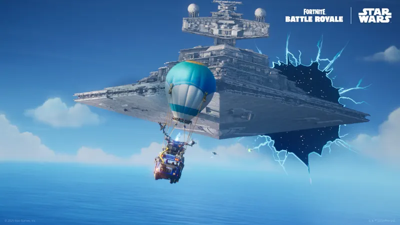 Destroyer Stellaire au-dessus du bus de combat Fortnite pour illustrer le calendrier Star Wars de mai