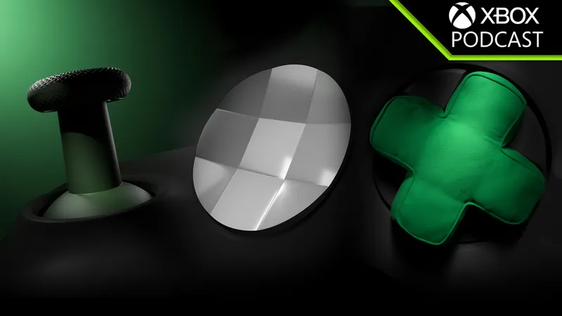 Black and green composition featuring a joystick, a faceted silver disc and a green cross-shaped cushion beneath the Xbox Podcast logo.