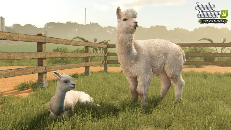Farming Simulator 25 montrant des alpagas dans l’extension Beans & Alpacas