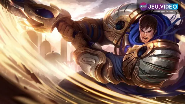 Garen, combattant de League of Legends, tient son épée sur un champ de bataille.