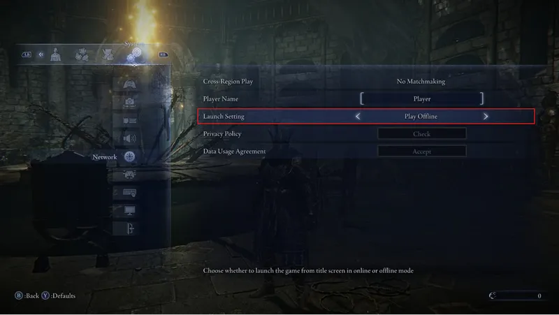 Menu Network Elden Ring Nightreign montrant Launch Setting sur Play Offline pour jouer une expédition solo hors ligne