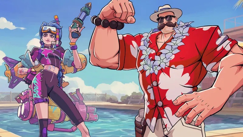 Illustration officielle de skins Pool Party Jinx et Braum dans 2XKO