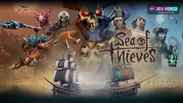 Visuel officiel de Sea of Thieves avec navires, pirates et menaces pour un guide débutant sur voyages, rôles et fuite PvP