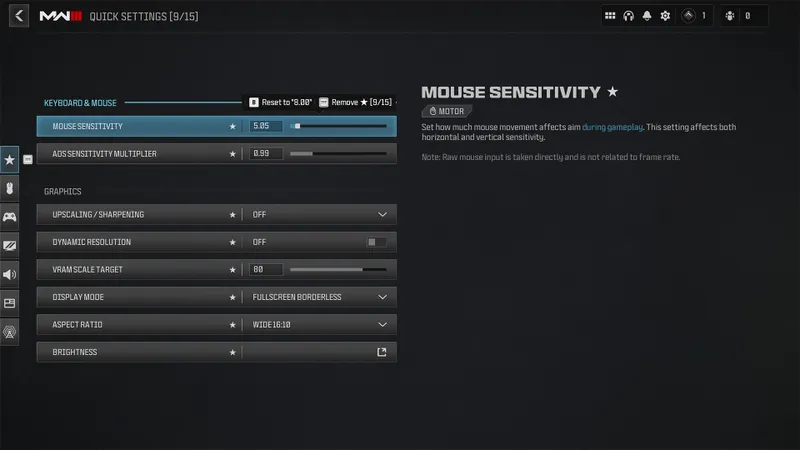 Menu Quick Settings sur PC dans Call of Duty avec sensibilité souris, ADS et options visuelles utiles pour Warzone