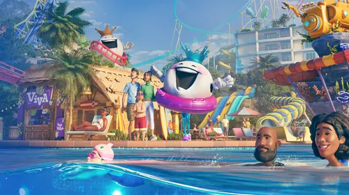 Planet Coaster 2 mise à jour montrant un parc coloré avec montagnes russes et logo officiel