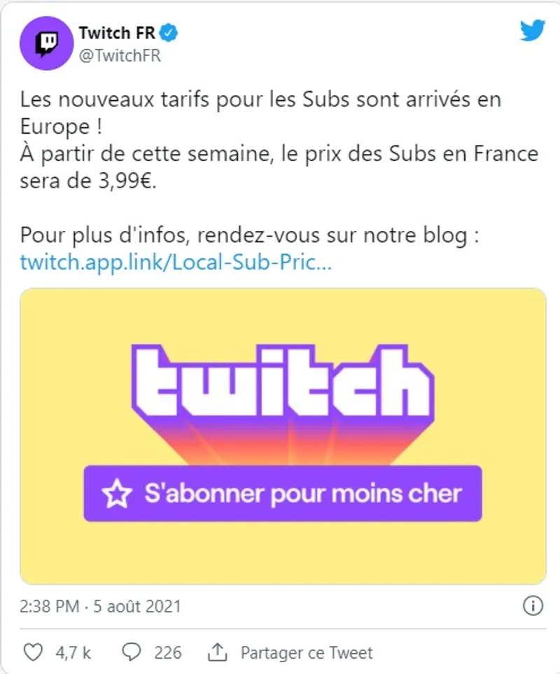 Changemùent dans les prix des abonnements Twitch - annonce Twitch