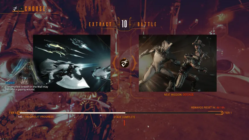 Écran de fin de stage du Circuit Warframe proposant Extract ou Battle pour sécuriser la progression Incarnon