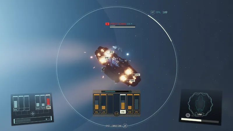 Mode ciblage de Starfield visant les moteurs d’un vaisseau ennemi pour le désactiver avant l’abordage