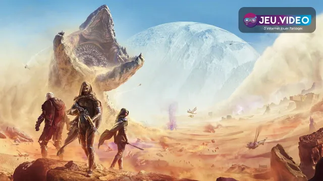 Dune Awakening key art officiel sur fond désertique avec silhouettes monumentales d Arrakis