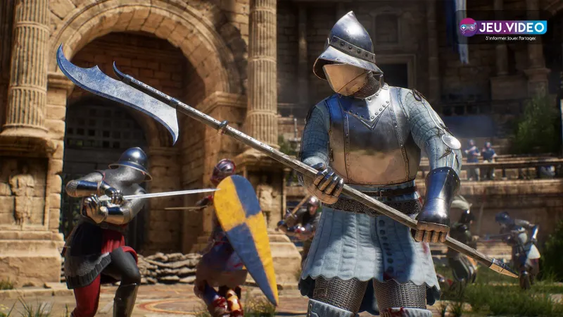 Grande bataille médiévale de Mordhau montrant plusieurs combattants sur un serveur multijoueur officiel, à privilégier pour une partie crossplay