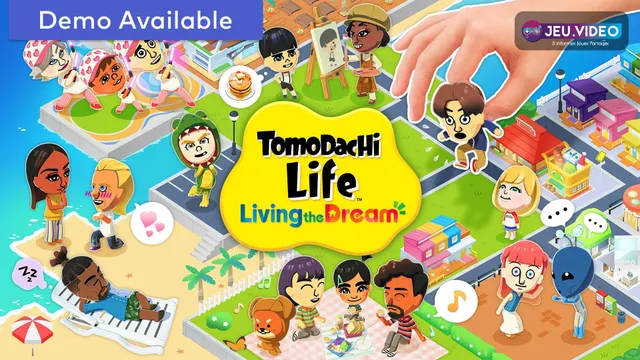 Illustration officielle de Tomodachi Life Living the Dream avec plusieurs Mii sur une île