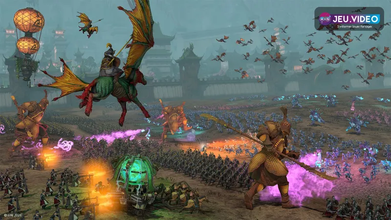 Bataille de Total War WARHAMMER III montrant deux armées en formation sur un terrain ouvert.