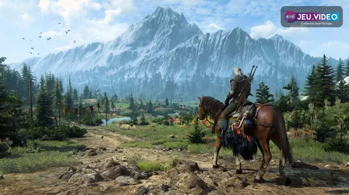 Geralt à cheval face à une vallée montagneuse dans The Witcher 3, image officielle adaptée à un guide de réglages Steam Deck