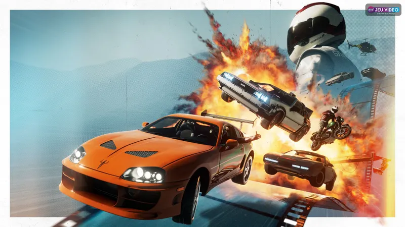 Stuntman Hollywood avec voitures de cinéma, explosions et logo officiel