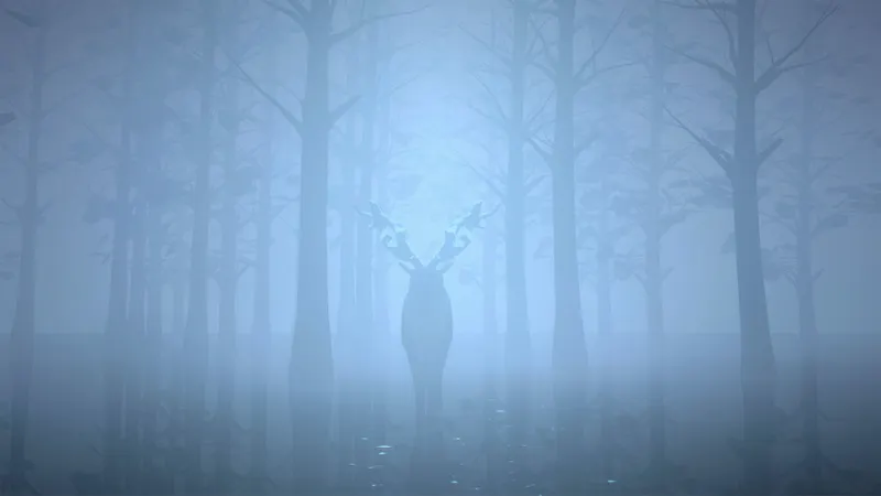OPUS Prism Peak montrant une silhouette de cerf dans une forêt bleutée et brumeuse