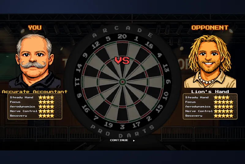 Pixel Darts écran de match avec adversaire et score de fléchettes