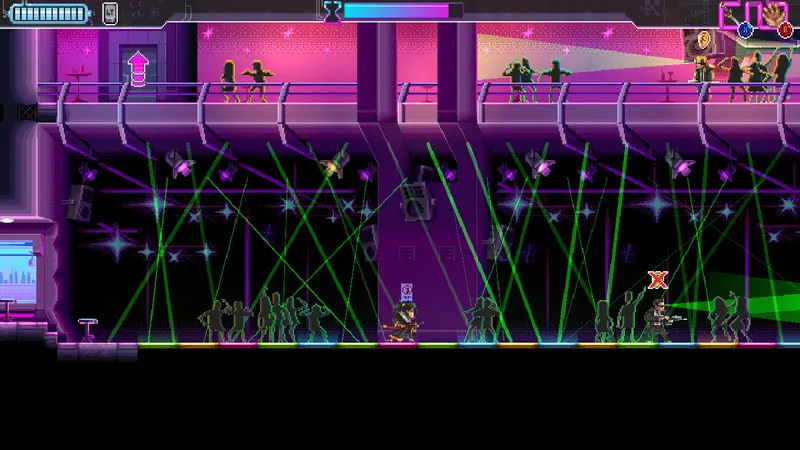 Salle néon verticale de Katana Zero demandant une trajectoire précise entre plateformes et ennemis
