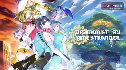 Digimon Story date de sortie avec les héros et le logo Time Stranger