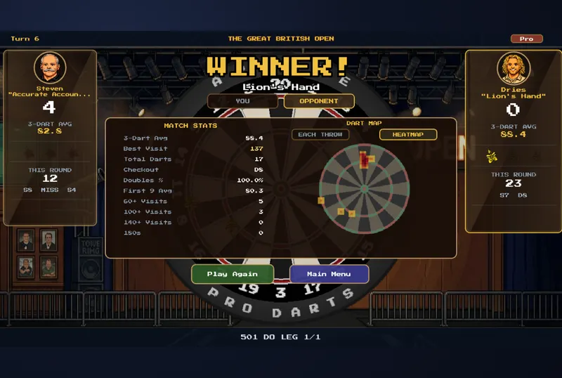 Pixel Darts écran de victoire après une partie de fléchettes