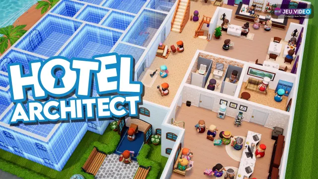 Hotel Architect avec key art officiel du jeu de gestion hôtelière sur PC