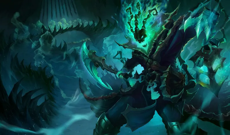 League of Legends depicts Thresh, a support focused on control and engagement