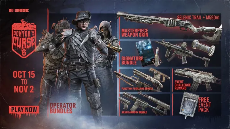 Affiche Doktor’s Curse de Rainbow Six Siege : trois personnages en costumes sombres, dont un portant un chapeau, côtoient plusieurs armes décorées et un paquet de cartes.