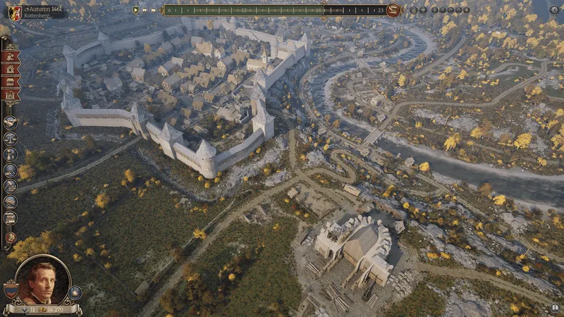 The Guild Europa 1410 montre une ville médiévale vue du ciel avec interface de gestion