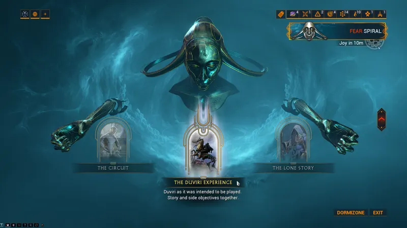 Menu Duviri de Warframe affichant The Circuit, The Duviri Experience et The Lone Story avant le choix du farm Incarnon